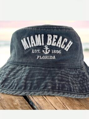 Miami Beach Florida 100% Cotton Bucket Hat Cap Chin Strap Dyed Washed Faded Blue
